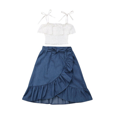 

Kids Baby Girls Clothes Lace Ruffle Crop Tops Denim Skirt Dress 2PCS Outfit