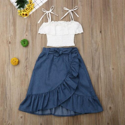 

Toddler Baby Kid Girl Shirring Lace Tank TopMidi Ruffle Skirt Dress Clothes Set