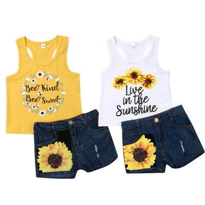 

1-6 Years Toddler Kids Baby Girls Clothes Letter Print Vest Floral Tops Denim Shorts Sunsuit Outfit