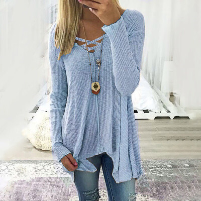 

Autumn Winter Women Casual Long Sleeve Sweaters V-neck Irregular Hem Tops Ladies Fashion Pure Color T-shirts Blouses