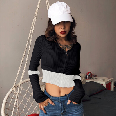 

Toponeto Women Autumn Long Sleeve Color Splicing Zipper Knitting Pullover Short Blouse