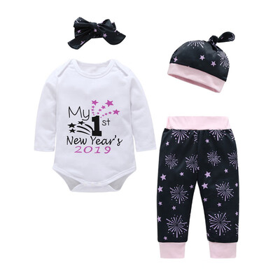 

Baby Rompers Long Sleeve Cotton Infant Newborn Baby Clothes RomperHatPantsHeadband 4pcs Xmas Clothing Set