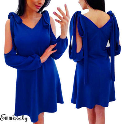 

US Womens Casual Cold Shoulder Solid Mini Dress Cocktail Party Summer Sundress