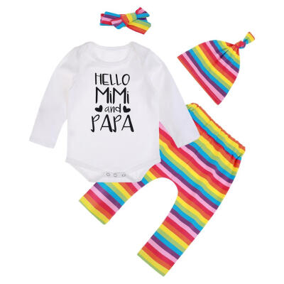 

4pcsSet Baby Infants Long Sleeve Romper Rainbow Stripe Pants Hat Headband