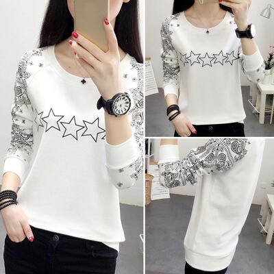 

Long Sleeve Slim Fit Stars Print Round Neck Women T-shirt Bottoming Tops