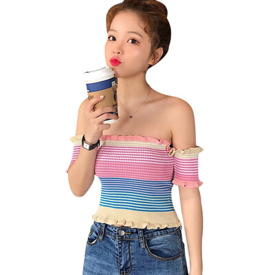 

Summer Sexy Ruffles Striped Slash Neck Cropped T-shirts Women Short Sleeve Knitted Casual Tee Women Crop Tops For Girls