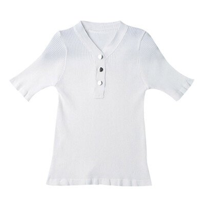 

Women Retro Solid Color V Collar Button Half Sleeve Casual Knit Pullover Loose Tops