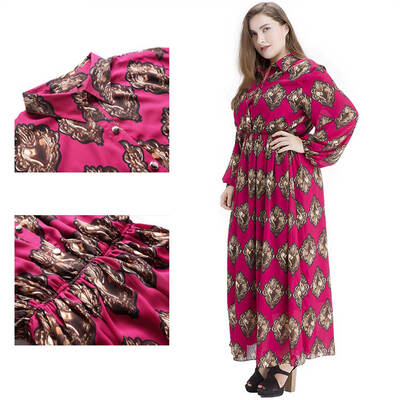 

Bohemian Women Plus Size Chiffon Print Maxi Dress Turn-down Collar Long Sleeve Elastic Waist Long Dress Burgundy