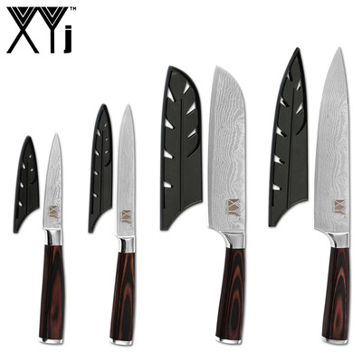 

XYj 4pcs Stainless Steel Knife Set Damascus Pattern Blade Non-slip Handle Chef Knife Cooking Tools Free Covers