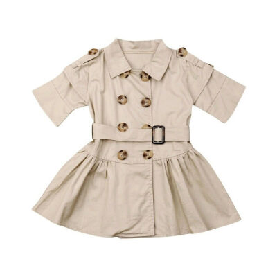 

Kids Baby Girls Short Sleeve Clothes Double Breasted Wind Coat Belt Casual Dress