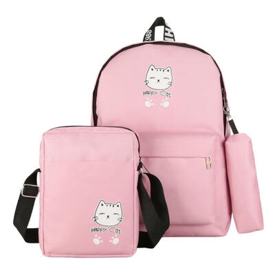 

3pcsSet Cartoon Cat Print Women Canvas Backpacks Travel Shoulder Schoolbag