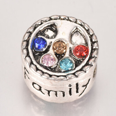 

Alloy European Beads with Rhinestones Large Hole Beads Flat Round with Tree of Life & Love Family Antique Silver Colorful