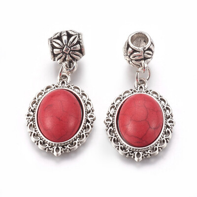 

Alloy European Dangle Beads Large Hole Pendants with Synthetic Turquoise Dyed Oval Crimson Antique Silver 4344mm