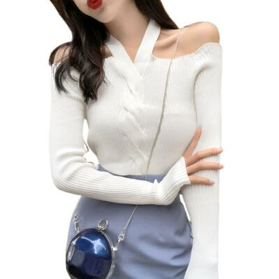 

Women Retro Solid Color Sexy Long Sleeved Off-shoulder Long Knitwear Sweater Slim Tops
