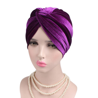 

Women Muslim Velvet Turban Hijab Hats Stretch Chemo Beanie Cap For Hair Loss Indian Cap