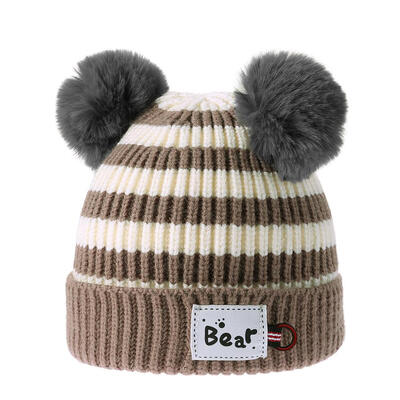 

Stripe Winter Cap Letters Patch Soft Warm Beanies Skullies Double Pompon
