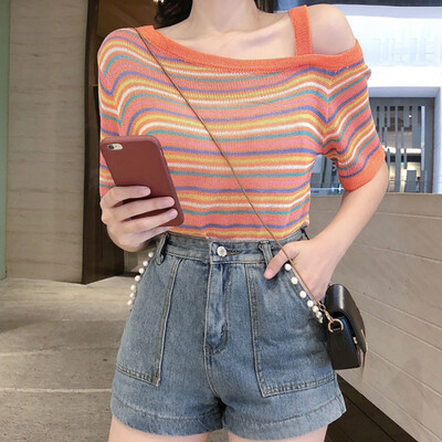 

Womens Casual Striped Off Shoulder Slim Short Sleeve Knitted T-Shirt