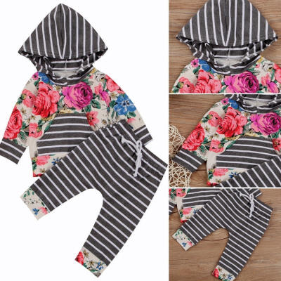 

2Pcs Newborn Baby Girls Hooded T-shirt Tops Striped Pants Outfits Set Clothes