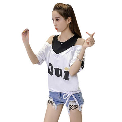 

Women Round Collar Strapless Straps Summer Letters Print Loose Short Sleeve Fake Two Loose Casual Simple Wild T-Shirt