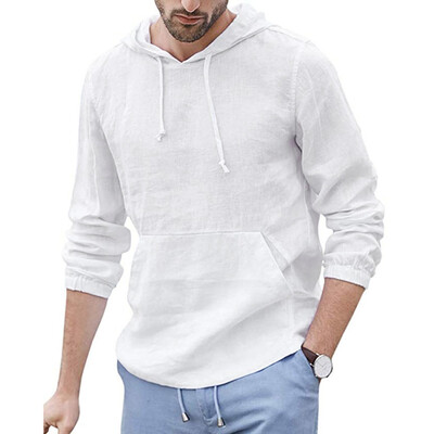 

Toponeto Mens Baggy Cotton Linen Hooded Pocket Solid Long Sleeve Retro T Shirts Tops