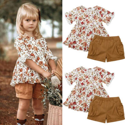 

2PCS Kids Baby Girls Summer T-shirt Lace Floral Tops Tutu Dress Short Pants Set