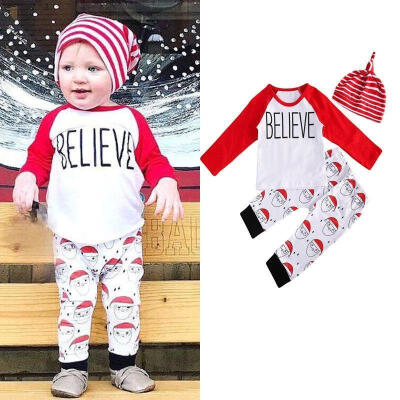 

Hot 3pcs Newborn Baby First Christmas Clothes Romper Long Pants Hat Boy Girls Outfit