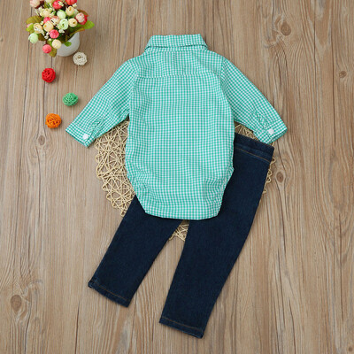 

Toddler Kids Baby Boys Outfit Clothes Tie Plaid Tops ShirtJeans Long Pants 1Set