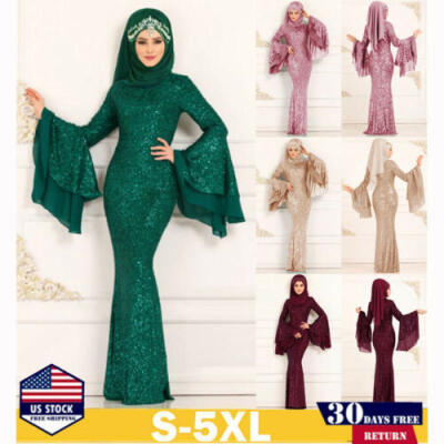 

US Dubai Style Long Sleeve Sqquin Muslim Islam Kaftan Abaya Maxi Long Dress Robe