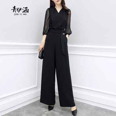 

Chiffon new long-sleeved slim high waist large size casual wide leg pants