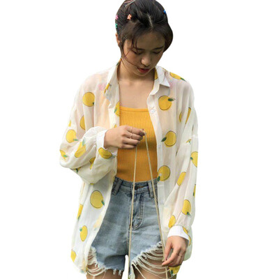 

Ladies Casual Long Sleeve Fruit Print Chiffon Shirt Women Turn-down Collar Outerwear Blouse Tops