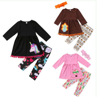 

Holidays Kids Baby Girls Outfits Clothes T-shirt Tops DressLong Pants Set Xmas