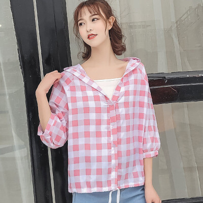 

Women Blouses Long Sleeve Shirts Cotton Plaid Hooded Shirt Casual Female Blouse Tops