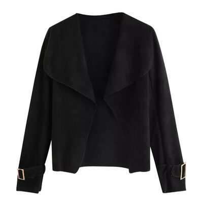 

Toponeto Women Long Sleeve Black Turn Down Collar Short Solid Suit Jacket Cardigan Coat