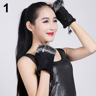 

Womens Fashion Winter Warm Imitation Rabbit Hair Faux Leather Fingerless Gloves