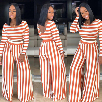 

Toponeto Women Casual Striped Patchwork Set Long Sleeve Crop Top Pants
