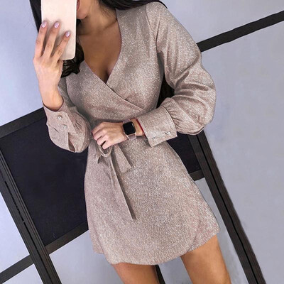 

Women Metallic Dress Shiny V Neck Long Sleeves Belted Waist Wraparound Party Club Casual Mini Dress