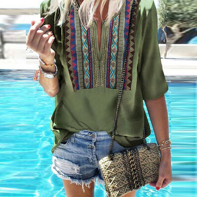 

Starmoon Women Ethnic Style Bohe Half Sleeve V-Ncek Vintage Top T-Shirt Blouses