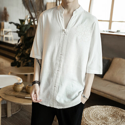 

Toponeto Mens Summer Vintage Printing Linen Patchwork Half Sleeve T-shirt Comfort Tops