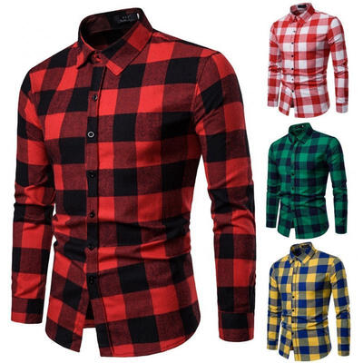 

New Mens Long Sleeve Shirt Button Up Business Work Plaid Formal Plain Dress Top