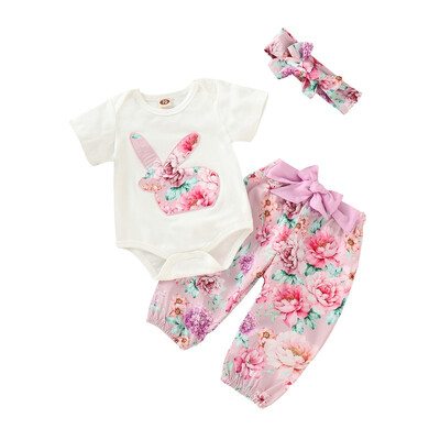 

Baby Girls Sets Children Clothing Short-sleeved Rabbit Patch Embroidered Clothes Printed Trousers Hair Band Three-pieces Set