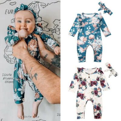 

US Newborn Baby Girl Clothes Long Sleeve Flower Romper Jumpsuit Headband Outfit