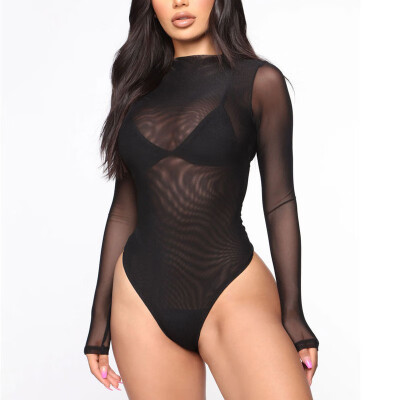 

Sexy Womens Sheer Mesh Bodysuit Ladies Solid Color Long Sleeve Leotard Top Club