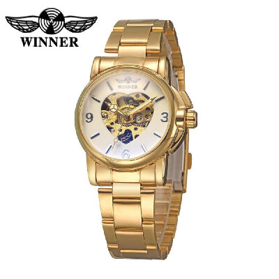 

WINNER See-through Skeleton Self-winding Automatic Mechanical Watch Luxury Golden Watchband Business Analog Wristwatch for Lady