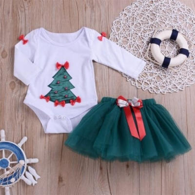 

2pcs Newborn Baby Girls Christmas Tree Long Sleeve Romper TopsTulleTutu Skirts Set Xmas Outfit Clothes