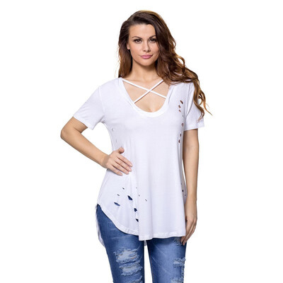 

V-neck short-sleeved cross neckline hole T-shirt