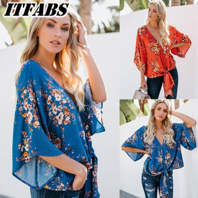 

Newest Fashion Women Flower Print V Neck Chiffon Clothes Top Summer Blouse