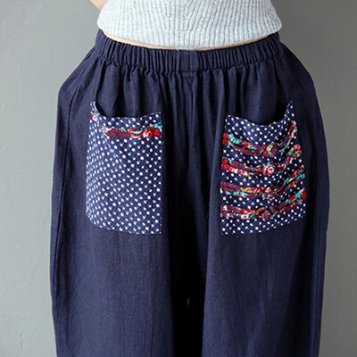 

Vintage Women Ethnic Splicing Harem Pants Elastic Waist Wide Leg Trousers Baggy Loose Cotton Linen Pants