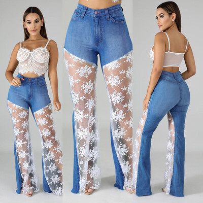 

Tailored Fashion Women Seasons Casual Lace Spricing Hollow Out Jeans Broad-legged Pants