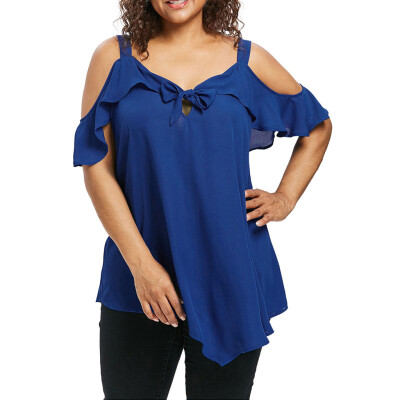 

Roseonmyhand Women Plus Size Cold Shoulder Camis Bow Asymmetric Chiffon Ruffles Tops Tee