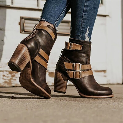 

Rose Womens Solid Wedges Round Toe Large Size Buckle Zipper Mid Heel Boots Shoes